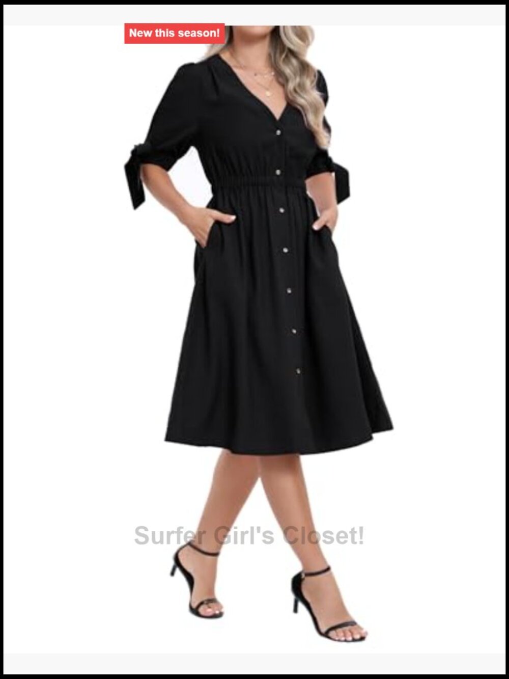 Women's Puff Sleeve V-Neck Button Tie Midi Dress Rayon Blend A-Line - Picture 2 of 7